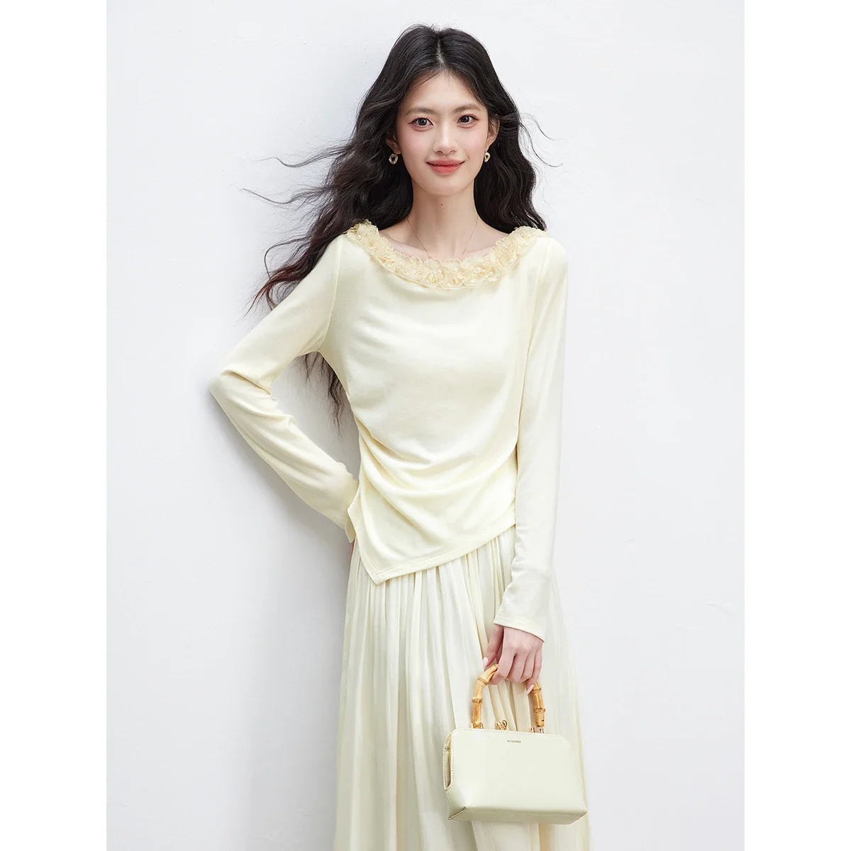 Asymmetric Ruffle-Neck Long-Sleeve Top