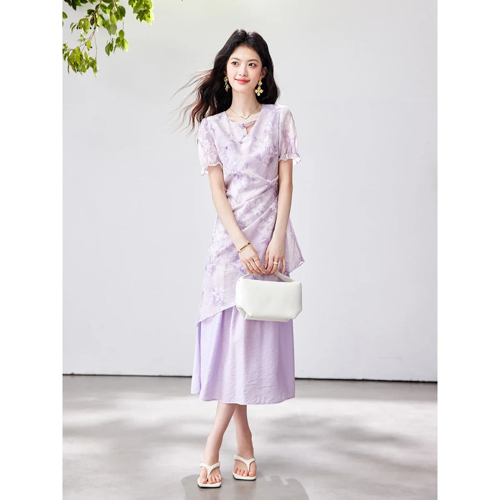 Asymmetric Floral Layered Midi Dress