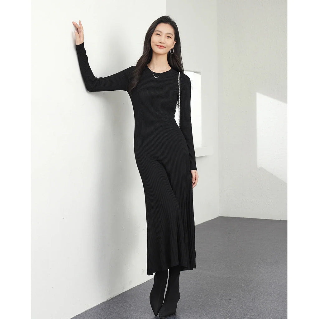 Ribbed Crew-Neck Knit Midi Dress