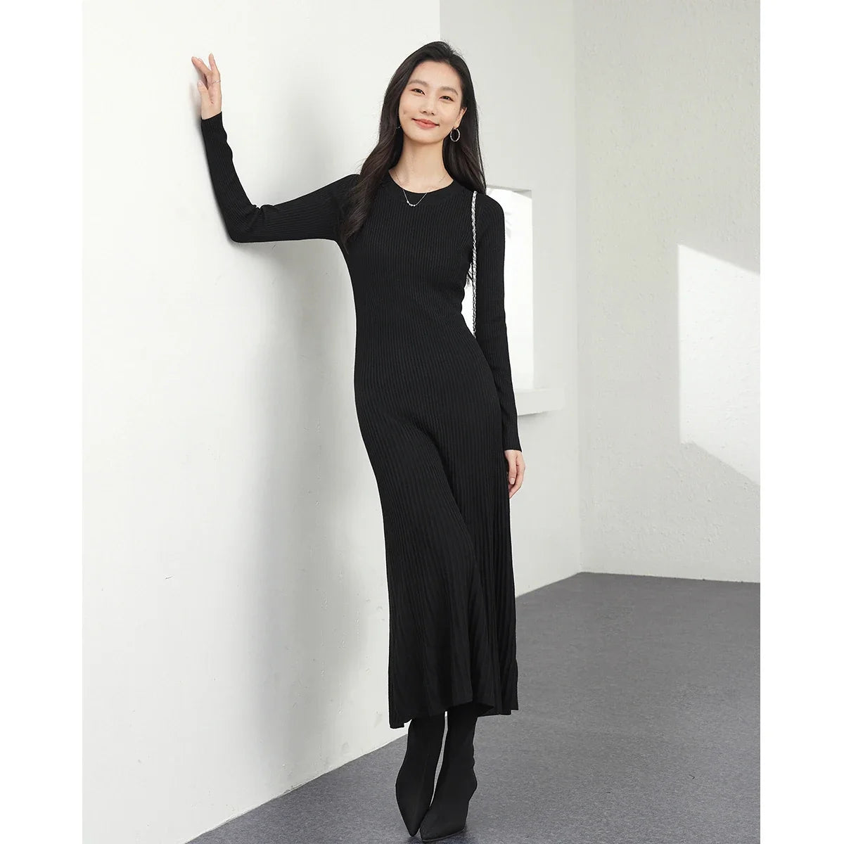 Ribbed Crew-Neck Knit Midi Dress