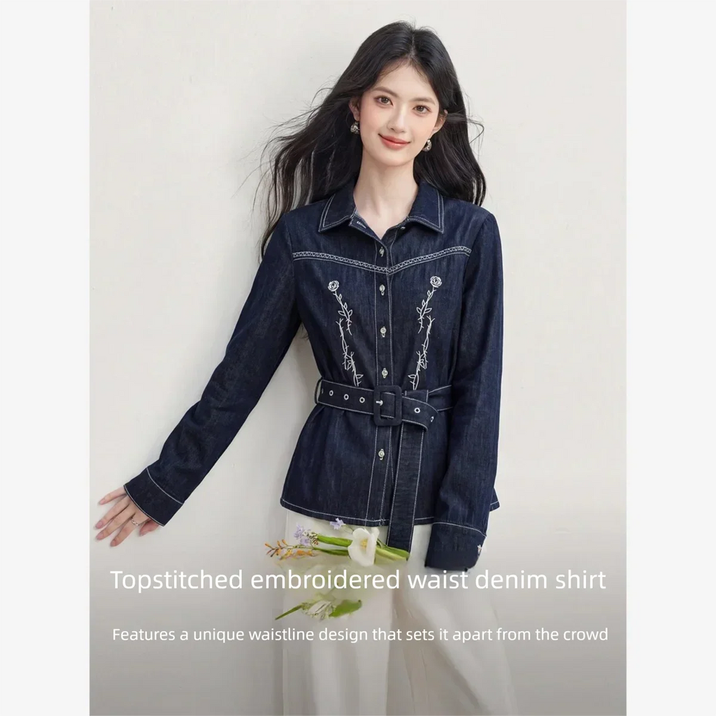 Embroidered Belted Denim Shirt Jacket