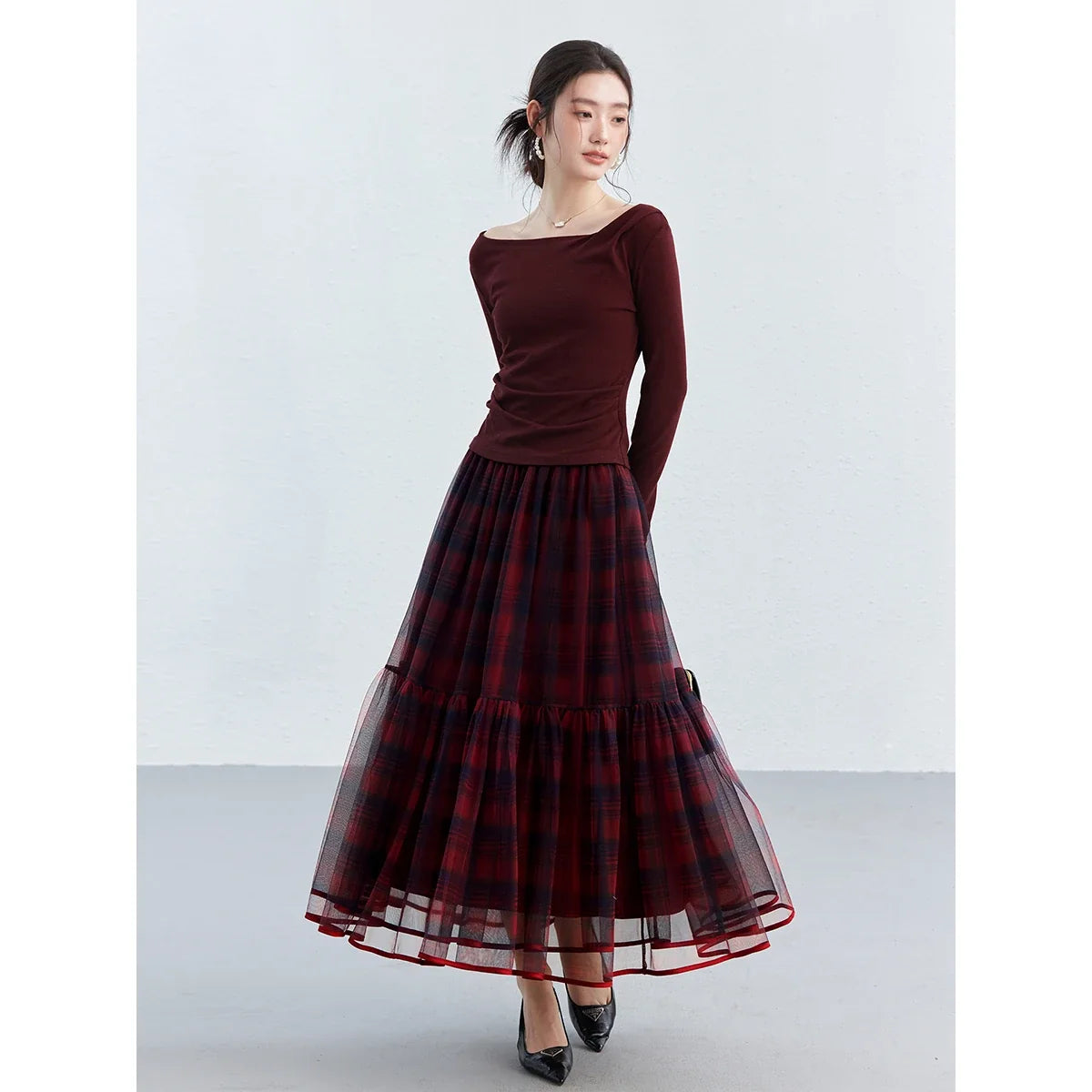 Plaid Mesh Tiered Midi Skirt