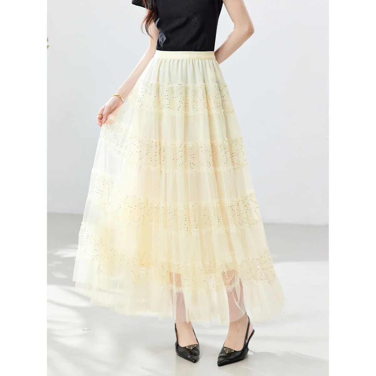 Sequin Tiered Maxi Skirt