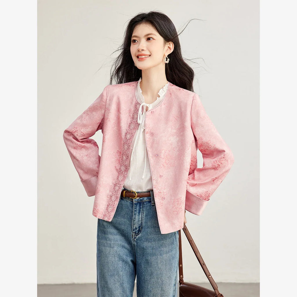 Jacquard-Trim Collarless Jacket