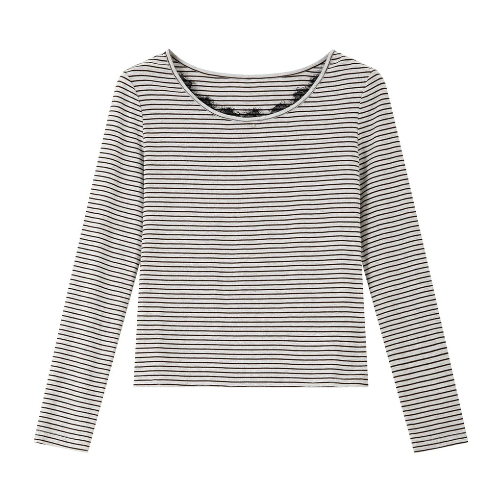 Striped Lace-Trim Long-Sleeve Tee